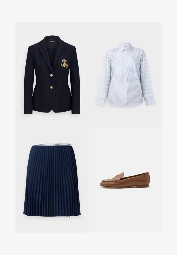 Marineblazer van een gestructureerde stof, met gouden hardware, een enkele knoopsluiting en een borstzak met een geborduurd logo.; Wit overhemd met lange mouwen en dunne blauwe verticale strepen, knoopsluiting aan de voorkant, kraag en een borstzak op een effen achtergrond.; Marineblauwe geplooide rok met een gestructureerd ontwerp, elastische tailleband met "LACOSTE" merknaam en een gladde stof.; Klassieke bruine leren loafer met lage hak en gestikte moc toe details, zijaanzicht op een witte achtergrond.