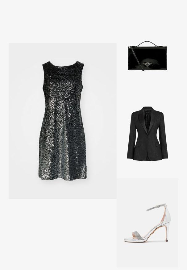 Blazer noir ajusté avec revers en satin, fermeture à un bouton, deux poches avant et tissu texturé. Intérieur doublé.; Robe noire sans manches recouverte de petites paillettes, créant un effet scintillant. Encolure ronde simple et silhouette évasée.; Sandale à talons hauts en argent avec un dessus en vernis brillant, une sangle en strass texturée, une sangle de cheville ajustable et un design à bout ouvert carré.; Sac à main en cuir verni noir avec une bandoulière en chaîne, arborant un emblème décoratif en métal en forme d'abeille sur le devant. Forme rectangulaire avec finition brillante.