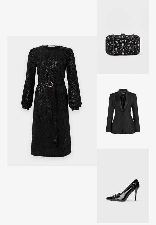 Blazer negro a medida con solapas de satén, cierre de un solo botón, dos bolsillos delanteros y tejido texturizado. Interior forrado.; Vestido negro con mangas largas y abullonadas y una cintura ceñida con cinturón. Hecho de tela de lentejuelas, con escote redondo y corte recto.; Zapato de tacón stiletto de charol negro con punta afilada, tres correas decorativas con tachuelas y la marca "Karl Lagerfeld" en el tacón.; Clutch negro de forma rectangular, decorado con varios strass en un patrón floral, con una cadena plateada para llevar.