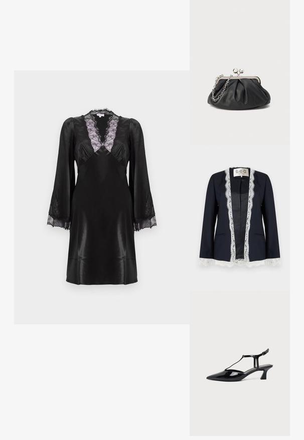Marineblazer mit weißer Spitzenbesatz entlang der vorderen Öffnung, an den Manschetten und am Saum, kragenloses Design und zwei vorne liegende Taschen.; Schwarzes Satin-Kleid mit einem tiefen V-Ausschnitt und lavendelfarbenem Spitzenbesatz, langen Ärmeln mit Spitzenakzenten an den Manschetten und einer glatten, eleganten Oberfläche.; Schwarzer Slipper aus Lackleder mit spitz zulaufender Kappe, T-Riemen und niedrigem, schrägem Blockabsatz vor weißem Hintergrund.; Schwarze Leder-Clutch mit geraffter Textur, silberfarbener Metallrahmen, Druckverschluss und Kettenriemen. Glatte, weiche Oberfläche.