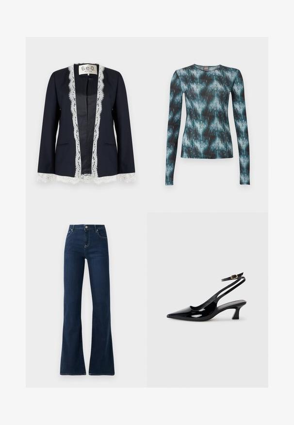 Marineblazer met witte kanten afwerking langs de vooropening, manchetten en zoom, zonder kraag en met twee voorzakken.; Strakvallend shirt met lange mouwen en een ronde hals, met een abstract patroon van penseelstreken in teal, zwart en wit.; Donkerblauwe flared jeans met een hoge taille, gemaakt van denimstof. Bevat twee voorkruiken en contrasterende stiksels langs de naden.; Zwarte gepatineerde leren slingback hakken met een puntige neus, lage blokhak en een verstelbare enkelband met een gouden gespsluiting.