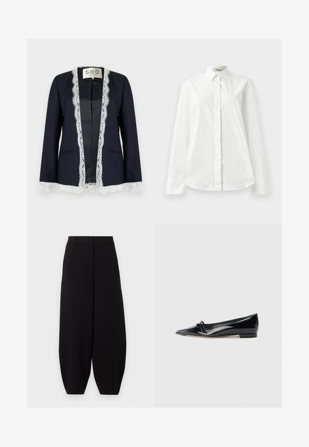 Blazer bleu marine avec bordure en dentelle blanche le long de l'ouverture devant, aux poignets et à l'ourlet, avec un design sans col et deux poches avant.; Chemise blanche en coton à manches longues avec un col pointu, fermeture à boutons sur le devant et ourlet arrondi. Texture lisse, coupe régulière et sans motifs.; Pantalon noir à jambes larges et courtes, taille haute, sans poches visibles ni ornements.; Chaussure plate en cuir verni noir avec un bout pointu, une petite lanière décorative et un petit talon carré. Texture lisse et design épuré.