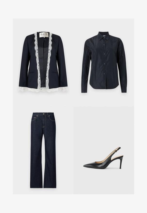 Marineblazer met witte kanten afwerking langs de vooropening, manchetten en zoom, zonder kraag en met twee voorzakken.; Zwarte blouse met lange mouwen, knoopsluiting en kraag, gemaakt van mat stof met nauwsluitende manchetten, weergegeven op een neutrale lichte achtergrond.; Donkerblauwe denim jeans met een recht model, voorzien van vijf zakken, contrasterende gele stiksels en een metalen knoopsluiting.; Zwarte leren slingback-hakken met een spitse neus, verstelbare band en een elegante stiletto-hak, met een gladde afwerking.