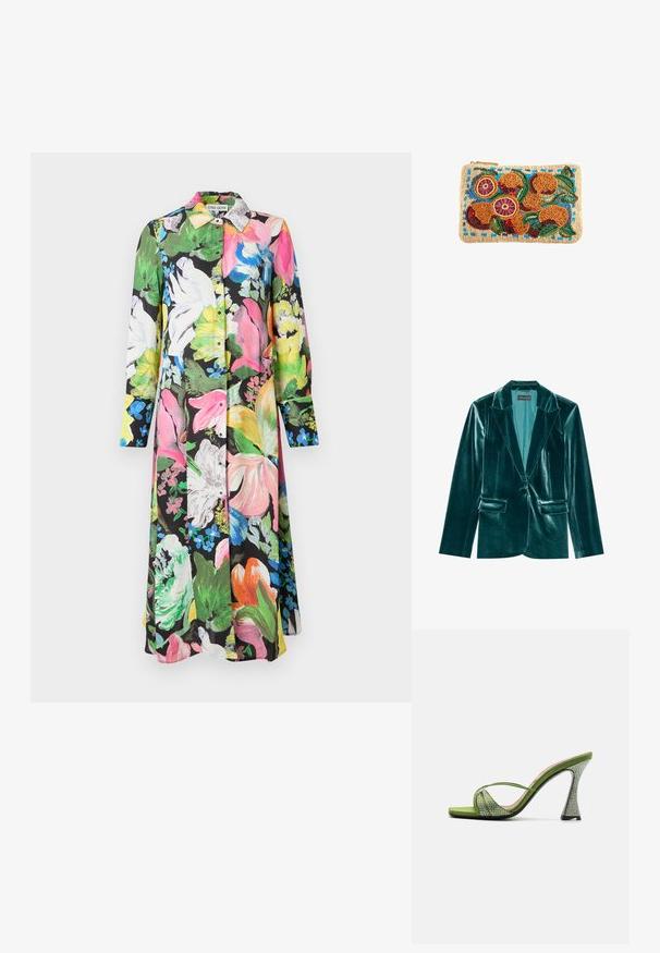 Blazer de terciopelo verde azulado con solapa muesca, cierre de un solo botón y dos bolsillos frontales. Textura suave y corte ajustado en toda su extensión.; Vestido floral con fondo negro y flores en colores rosa brillante, verde, amarillo y blanco, con mangas largas y cierre frontal de botones.; Sandalia abierta de satén verde con tiras entrecruzadas, adornada con strass. Presenta un tacón alto y arquitectónico con un acabado texturizado.; Bolso de mano rectangular beige con cuentas, con fruta naranja, hojas verdes y detalles azules bordados en cuentas coloridas.