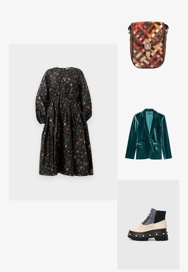 Teal fluwelen blazer met een revers, enkele knoopsluiting en twee voorkanten zakken. Gladde textuur en een pasvorm op maat.; Zwarte bloemenjurk met lange mouwen, ingezette taille en gelaagde rok. Heeft een kleurrijk bloemenpatroon en een gladde stoftextuur.; Chunky zwarte platformlaars met beige bovenkant, parelversieringen langs de zool en manchet, gerimpelde afwerking en bedrukte donkere paneel aan de voorkant.; Geweven leren schoudertas in levendige kleuren; voorzien van een afgeronde klep, gesp sluiting en bruine leren accenten. Getextureerd oppervlak.