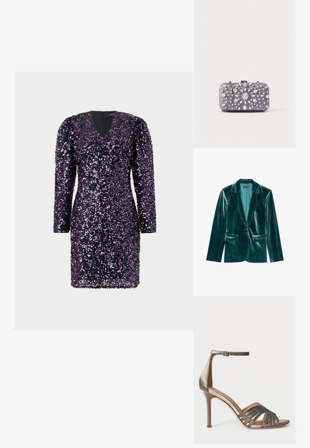 Teal fluwelen blazer met een revers, enkele knoopsluiting en twee voorkanten zakken. Gladde textuur en een pasvorm op maat.; Mini-jurk met lange mouwen, een V-hals en een getailleerd silhouet, bedekt met paarse en zwarte pailletten met een textuurovervlakte.; Zilveren satijnen hoge-hakken sandaal met een enkelbandje, een uitgesneden ontwerp, versierd met glinsterende accenten op de teenpartij en een spitse hak.; Kleine rechthoekige donkergrijze clutch versierd met heldere strass-steentjes in een uitstralend patroon en een zilveren kettingband.