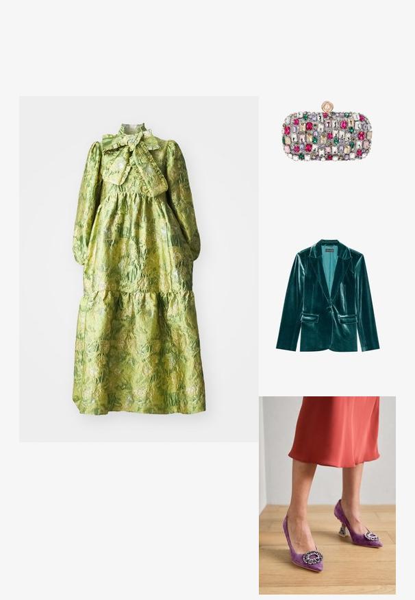 Tannengrüner Samtblazer mit Revers, einem Knopfverschluss und zwei vorderen Taschen. Geschmeidige Textur und taillierte Passform.; Grünes Kleid mit langen Ärmeln, hohem Kragen, gestuftem Design und strukturiertem Blumenmuster. Enthält eine große Schleife am Hals.; Lila Wildleder High Heels mit spitzen Zehen und mit Juwelen verzierten Besätzen an der Vorderseite. Klobige transparente, gemusterte Absätze. Glatte Textur.; Rechteckige Clutch, bedeckt mit mehrfarbigen rechteckigen und runden Edelsteinen, mit einem runden Perlenverschluss oben.