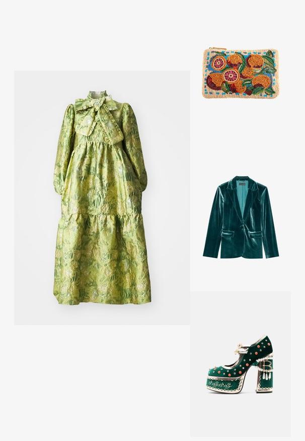 Tannengrüner Samtblazer mit Revers, einem Knopfverschluss und zwei vorderen Taschen. Geschmeidige Textur und taillierte Passform.; Grünes Kleid mit langen Ärmeln, hohem Kragen, gestuftem Design und strukturiertem Blumenmuster. Enthält eine große Schleife am Hals.; Grüner Samtplattformschuh mit dekorativen roten und silbernen Nieten, Perlenriemen, goldener Einfassung, Stickerei und einem Blockabsatz mit baumelnden Perlen und einem "B"-Charm.; Rechteckige Perlen-Clutch mit einem bunten Muster aus Orangen, grünen Blättern und blauen Akzenten auf beigem Hintergrund.