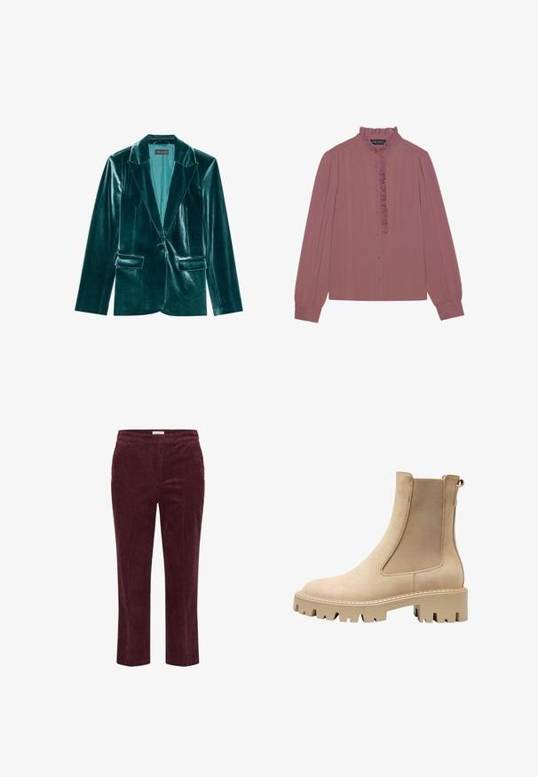 Skræddersyet blazer i teal velour med stiklaner, enkelt knaplukning og to forlommer. Glat tekstur og tætsiddende pasform.; Langærmet bluse i mauve med rynket krave og knaplukning foran. Fremstillet af letvægtsstof med plisserede ærmer.; Burgunderfarvede kordfløjspants med lodret ribbing, lige ben-design og elastisk talje. Har to sidelommer.; Beige ankelstøvle med en glat suedefinish, elastiske sidepaneler og en kraftig sål for godt greb. Har dekorative syninger.