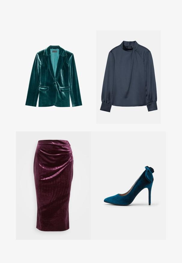 Skræddersyet blazer i teal velour med stiklaner, enkelt knaplukning og to forlommer. Glat tekstur og tætsiddende pasform.; Marineblå langærmet bluse med mock neck, plisseret frontdetalje og samlet manchetter, lavet af glat, satinlignende stof.; Burgunderfløjl blyantkjole med et draperet design og glat tekstur; har en høj talje og en snæver silhuet, der ender ved knæet.; Anna Field Pumps - dark blue