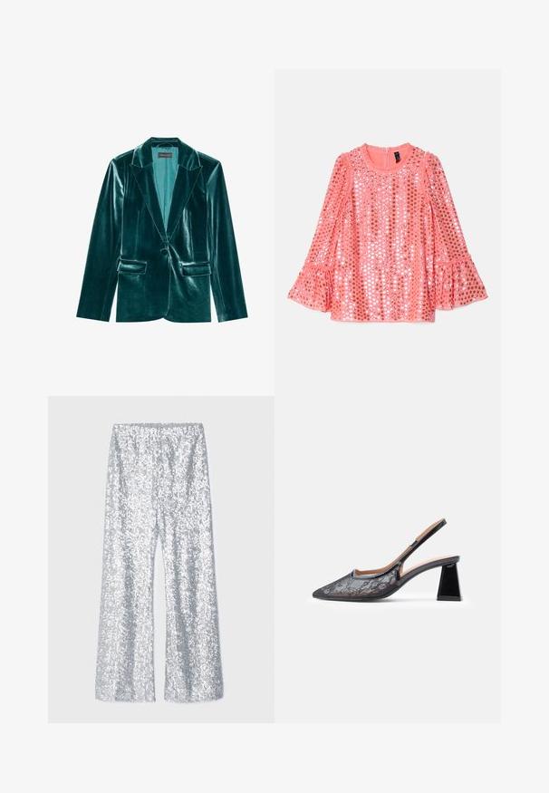 Skræddersyet blazer i teal velour med stiklaner, enkelt knaplukning og to forlommer. Glat tekstur og tætsiddende pasform.; Rosa langærmet bluse med rund halsudskæring, dekoreret med perler og udvidede manchetter. Blødt stof med en glat tekstur og subtil glans.; Sølv palietbukser med flared ben og elastisk talje. Har en skinnende overflade og bred ben silhuet.; Sort slingback-sko med spids tå, blondeoverlay og en tekstureret lav hæl. Har en slank overdel og et minimalistisk design.