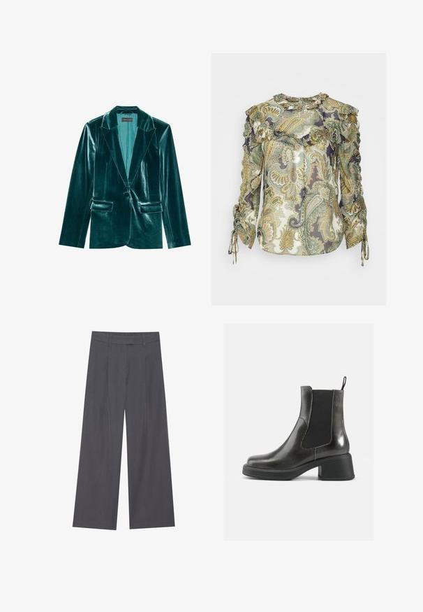 Skræddersyet blazer i teal velour med stiklaner, enkelt knaplukning og to forlommer. Glat tekstur og tætsiddende pasform.; Veronica Beard HOWELL BLOUSE - Bluse - green; Grå vidde benbukser med en glat tekstur, der har et plisset design foran og en standard talje for en komfortabel pasform.; Sorte læder ankelstøvler med en glat finish, elastiske sidepaneler og en kraftig hæl. Har en strop for nemmere påtagning.