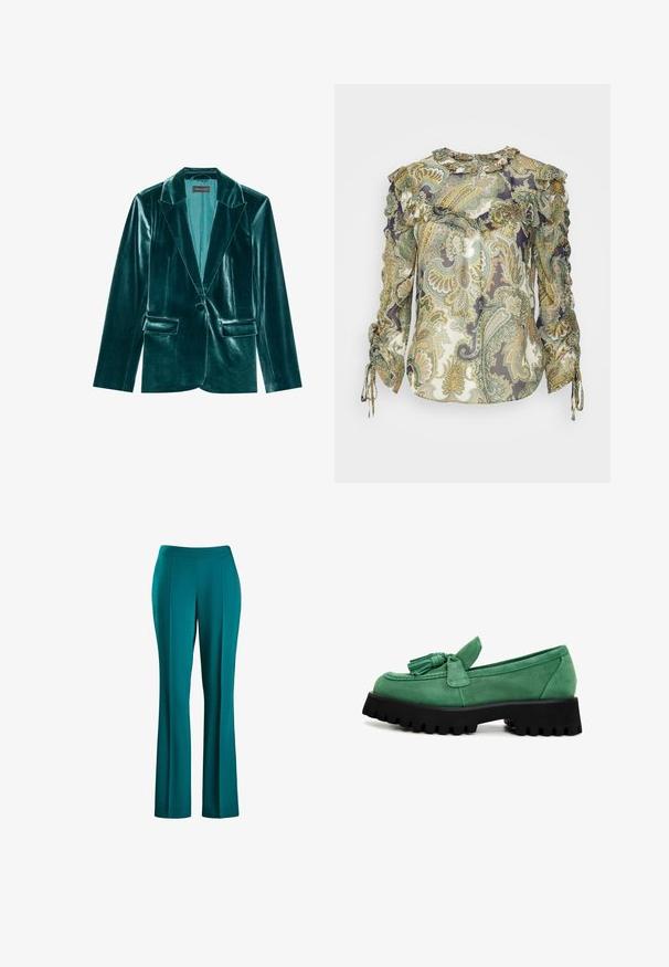 Skræddersyet blazer i teal velour med stiklaner, enkelt knaplukning og to forlommer. Glat tekstur og tætsiddende pasform.; Veronica Beard HOWELL BLOUSE - Bluse - green; Teal vide bukser med en glat tekstur, tætsiddende talje og frontfolder, designet til en flydende silhuet, lavet af letvægtsstof.; Grønne ruskindsloafer med en sløjfedetalje og kvaster, der har en kraftig sort gummisål med en takket kant.