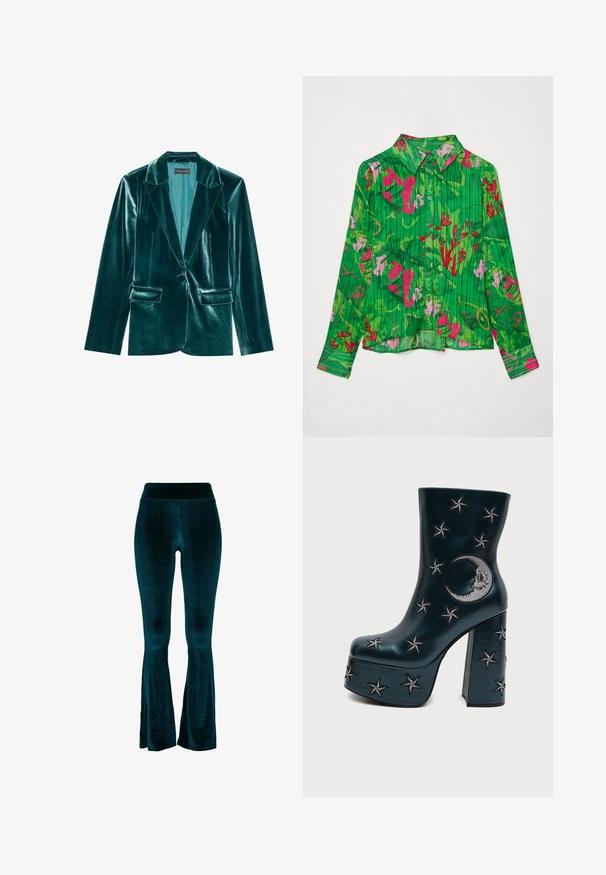 Skræddersyet blazer i teal velour med stiklaner, enkelt knaplukning og to forlommer. Glat tekstur og tætsiddende pasform.; Grønne knap-up skjorte med blomsterprint i pink og rød. Har en krave og lange ærmer med en lige kant. Struktureret stof.; Petrolblå vide bukser lavet af blødt fløjlstof, med høj talje og glat tekstur, der indsnævres mod kanten med små åbninger.; Sort platformstøvle med blokhæl, dekoreret med sølvbroderede stjerner og en måne på siden.