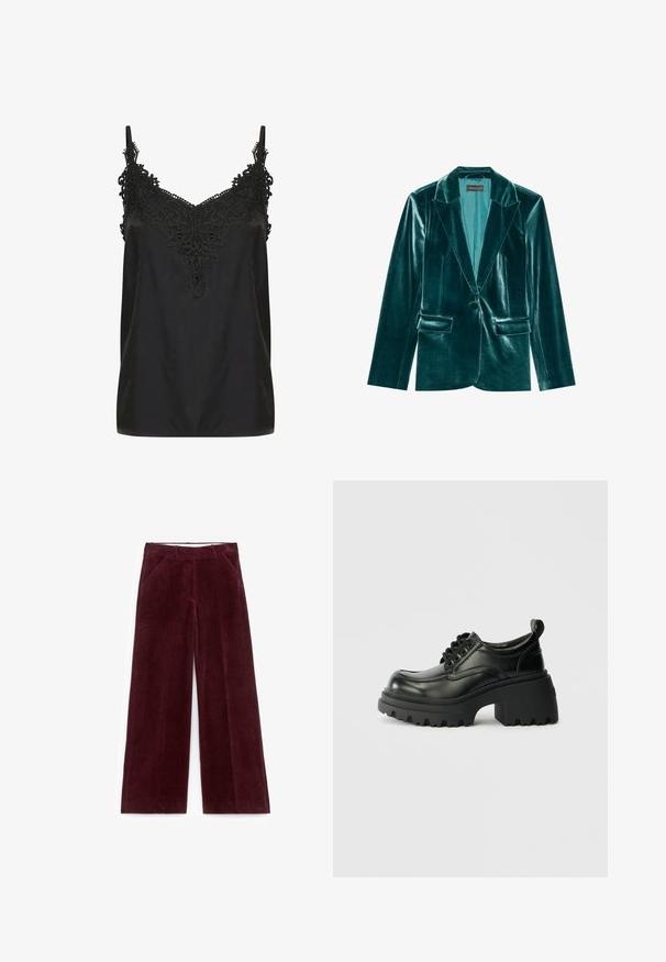 Teal fluwelen blazer met een revers, enkele knoopsluiting en twee voorkanten zakken. Gladde textuur en een pasvorm op maat.; Zwart cami-top met een v-hals en ingewikkelde kantdetails bij de halslijn. Voorzien van spaghettibandjes en een soepele, lichte stof.; Brede bordeaux corduroy broek met frontzakken en riemlussen, plat gelegd op een witte achtergrond.; Zwarte leren veterschoenen met een ronde neus, stevige gestructureerde zool en een dikke hak. Voorzien van een lus aan de achterkant voor gemakkelijk aan- en uittrekken.