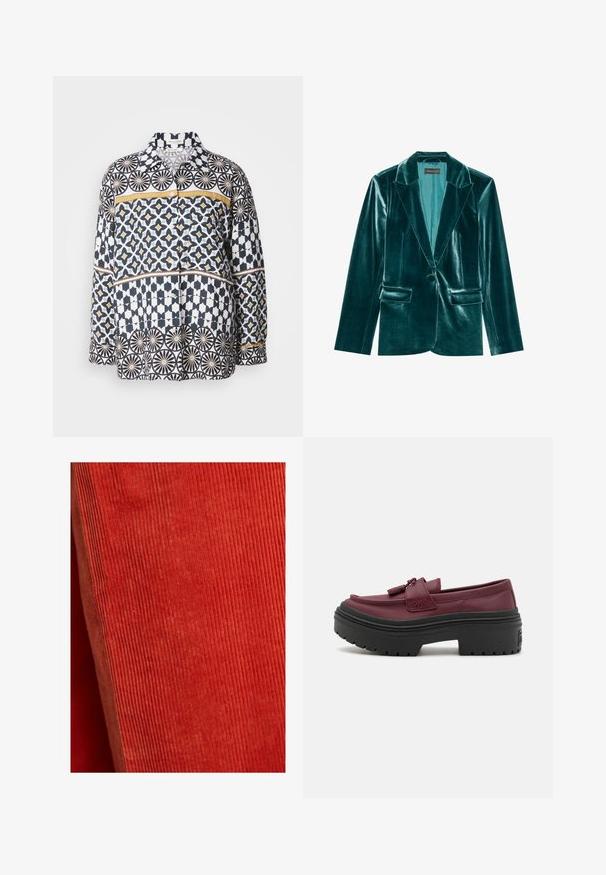 Skræddersyet blazer i teal velour med stiklaner, enkelt knaplukning og to forlommer. Glat tekstur og tætsiddende pasform.; Langærmet skjorte i bomuld med et geometrisk mønster i navy, hvid og gul. Har krave og knaplukning foran.; Rødt kordfløjlstof med lodrette ribber, der har en blød tekstur. Den jævne farve og markante linjer skaber et ensartet udseende.; Bordeaux syntetiske loafers med en flad sort gummisål, der har en forhøjet søm, dekorative kvaster og et elegant design.