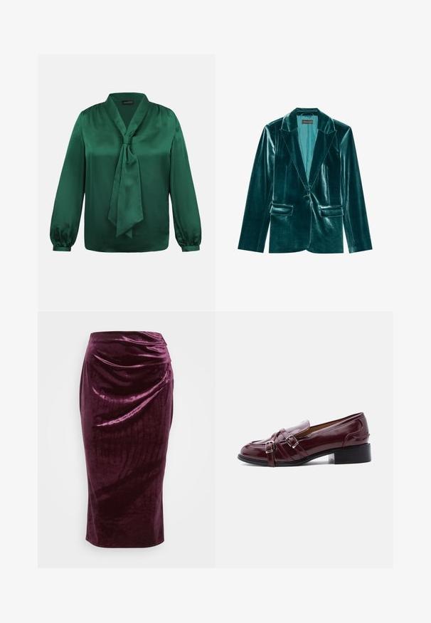Blazer en velours bleu canard avec un revers cranté, fermeture à un bouton et deux poches avant. Texture lisse et coupe ajustée.; Blouse en satin vert émeraude à manches longues avec un nœud noué au col, présentant de légers fronces aux épaules et aux poignets.; Jupe crayon en velours bordeaux avec un design drapé et une texture lisse ; elle présente une taille haute et une silhouette fuselée, se terminant au niveau du genou.; Mocassin en cuir verni bordeaux avec doubles brides argentées à boucle et petit talon noir sur fond blanc.