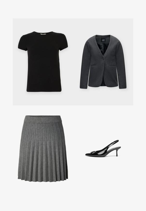 Donkergrijze damesblazer met lange mouwen, een enkele voorste knoop en twee voorzakken, met label "ONLY" binnen de kraag.; Zwart t-shirt met korte mouwen en ronde hals, gemaakt van soepel katoen, met een eenvoudig ontwerp en zonder zichtbare patronen of accenten.; Donkergrijze geplooide rok tot op de knie met een brede elastische tailleband van zachte gebreide stof.; Zwarte gepatineerde leren slingback hakken met een puntige neus en een glanzende afwerking. Heeft een slanke hak en een ronde accent op de bovenkant.