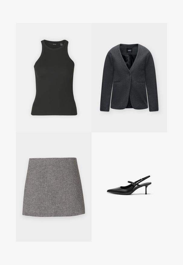 Blazer femenino gris oscuro con mangas largas, un solo botón delantero y dos bolsillos delanteros, etiquetado con "ONLY" en el interior del cuello.; Top negro de canalé con escote alto y diseño sin mangas. Presenta una silueta ajustada y una textura suave.; Falda con patrón de espiga en tejido gris, con una silueta entallada, textura suave y bajo limpio y recto.; Zapatos de tacón slingback de cuero negro con punta afilada, correa ajustable delgada y un tacón de aguja de aproximadamente 5 cm, textura suave.