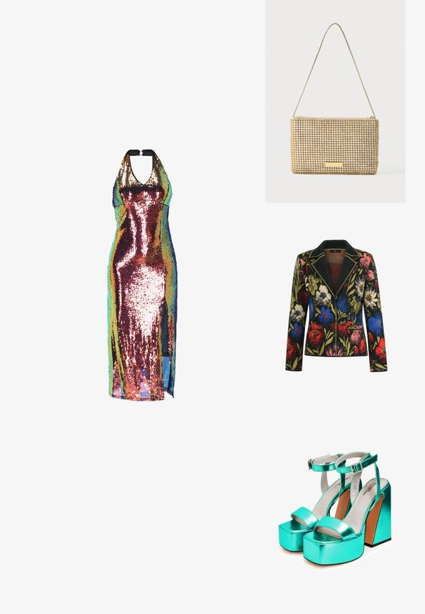 Blazer med blomstermotiv på sort baggrund, prydet med farverige blomster i rød, blå, pink og grøn, kontrasterende krave og to forlommer.; Halterkjole med pailletter, der har en tætsiddende silhuet, multivariate pailletter, en slidse i siden og en sort nakkestropp.; Turkismetalliske platform sandaler med en kraftig hæl. Har en bred frontstrop og ankelstrop med en dekorativ spænde. Glat tekstur.; Guldfarvet clutchtaske med rektangulært design, dækket af skinnende, sølvfarvede rhinsten. Har en tynd metallisk skulderrem og lynlåslukning.