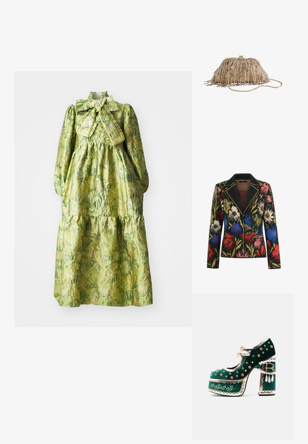 Blazer med blomstermotiv på sort baggrund, prydet med farverige blomster i rød, blå, pink og grøn, kontrasterende krave og to forlommer.; Grøn langærmet kjole med høj krave, lagdelt design og en tekstureret blomstermønster. Indeholder en stor sløjfe ved halsudskæringen.; Grøn fløjlsplatformsko med dekorative røde og sølvnitter, perleseler, guldkant, broderi og en blokhæl med dinglende perler og en "B"-vedhæng.; Beige aftentaske med indviklet perlearbejde og palietter, med en guldkæde rem og en rund låsning på toppen.