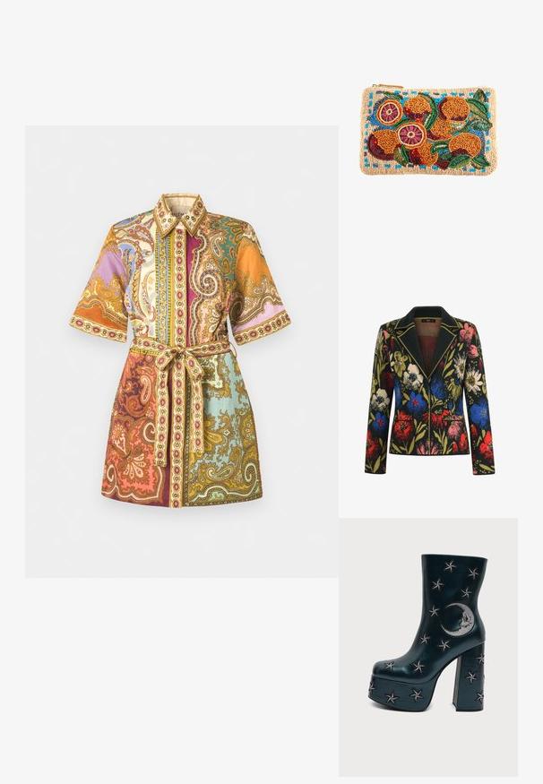 Blazer floral avec un fond noir, ornée de fleurs colorées en rouge, bleu, rose et vert, avec un col contrastant et deux poches avant.; Robe chemise à manches courtes avec ceinture, ornée de motifs paisley et floraux colorés dans des tons d'orange, de violet, de bleu-vert et d'or.; Botte noire à plateforme avec talon bloc, décorée d'étoiles brodées argentées et d'un croissant de lune sur le côté.; Pochette rectangulaire perlée avec un motif coloré d’oranges, feuilles vertes et touches bleues sur fond beige.