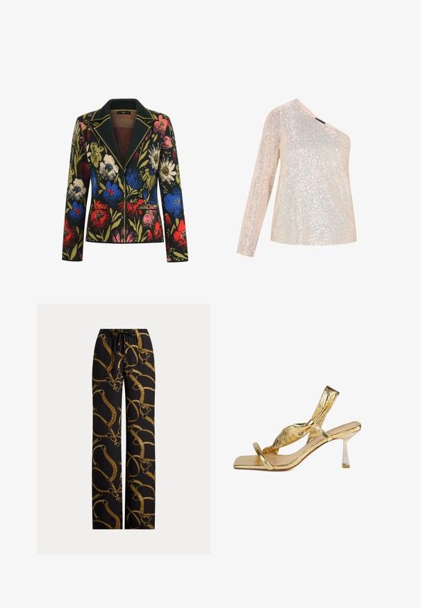 Blazer med blomstermotiv på sort baggrund, prydet med farverige blomster i rød, blå, pink og grøn, kontrasterende krave og to forlommer.; En-skulder glitrende top i lys beige med et tekstureret design og glitrende detaljer, samt langærme på den ene side.; Sorte bukser med et guld hestestil kæde- og tøjlemønster, der har en elastisk talje med en justerbar snor foran.; Guldmetallic slingback højhælede sandal med firkantet tå, tekstureret overdel og en slank, vinklet stiletthæl.