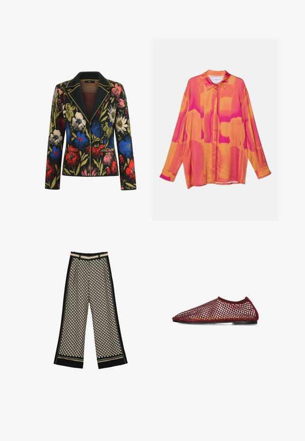 Bloemenblazer met een zwarte achtergrond, featuring kleurrijke bloemen in rood, blauw, roze en groen, een contrasterende kraag, en twee voorzakken.; Lange mouwen shirt in levendige roze en oranje tinten, met een knoopsluiting aan de voorkant, een klassieke kraag en een vloeiende, lichte stof.; Wijde broek met geometrisch patroon in zwart, beige en blauwtinten, met zwarte zijstrepen en gestreepte tailleband en manchetten.; Rood vlakke schoen met open, netachtige ontwerp en leren zool, zijaanzicht op een witte achtergrond.