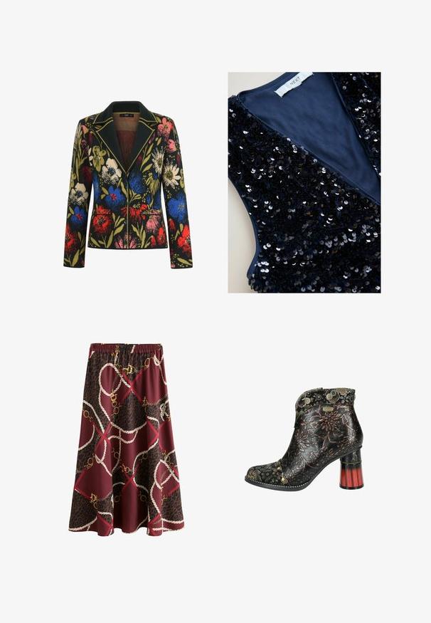 Blumenblazer mit schwarzem Hintergrund, der bunte Blumen in Rot, Blau, Pink und Grün zeigt, kontrastierender Kragen und zwei Fronttaschen.; Navyblauer Weste mit tiefem V-Ausschnitt, bedeckt mit glänzenden schwarzen Pailletten, ausgestattet mit einem glatten Innenfutter und einem Etikett mit der Aufschrift "NEXT."; Midirock mit elastischem Bund, in Burgunderrot und dunkelbraunem Leopardenmuster-Hintergrund, verziert mit weißen Seil- und goldenen Kettenmustern.; Schwarze Lederstiefelette mit floralen Mustern, Zehenausschnitt, dekorativen Nieten und einem roten Holzblockabsatz. Verfügt über ein dekoratives, gemustertes Obermaterial.