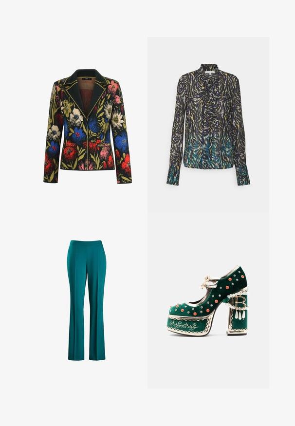 Blazer floral con fondo negro, con flores coloridas en rojo, azul, rosa y verde, cuello contrastante y dos bolsillos frontales.; Patrizia Pepe CAMICIA - Blusa - dark multicolor; Pantalones de pierna ancha en color verde azulado, con una textura suave, cintura ajustada y pliegues frontales, diseñados para una silueta fluida, elaborados con una tela ligera.; Zapato de plataforma de terciopelo verde con tachuelas decorativas rojas y plateadas, tiras de perlas, ribete dorado, bordado y un tacón de bloque con perlas colgantes y un colgante "B".