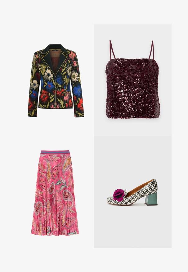 Blazer med blomstermotiv på sort baggrund, prydet med farverige blomster i rød, blå, pink og grøn, kontrasterende krave og to forlommer.; Bourgognefarvet top med palietter og tynde spaghettistropper; rektangulær form med en let løs pasform; skinnende tekstur fra hundredvis af små palietter.; Lyserød plisseret nederdel med blomster- og paisleymønstre, med en kontrasterende turkise stribet talje. Lavet af letvægtsstof.; Damesko med mellemhøj hæl, sort-hvidt geometrisk mønster, grøn blokhæl og stor lilla blomst som dekoration foran.