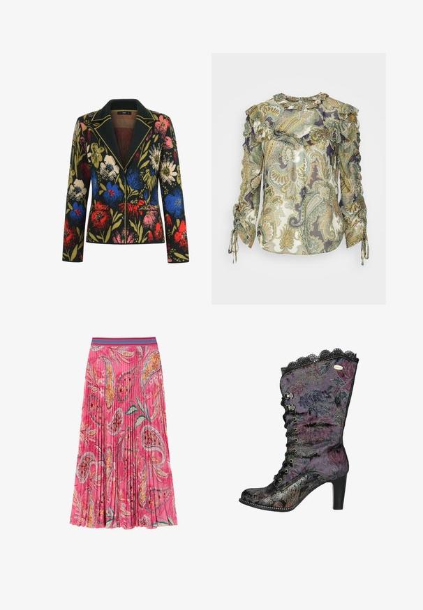 Blazer med blomstermotiv på sort baggrund, prydet med farverige blomster i rød, blå, pink og grøn, kontrasterende krave og to forlommer.; Veronica Beard HOWELL BLOUSE - Bluse - green; Lyserød plisseret nederdel med blomster- og paisleymønstre, med en kontrasterende turkise stribet talje. Lavet af letvægtsstof.; Lilla blomstermønstret højhælet støvle med blondekant, i fløjl og metalliske detaljer. Har snøring foran og tekstureret design.