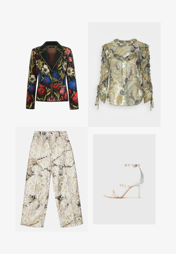 Blazer med blomstermotiv på sort baggrund, prydet med farverige blomster i rød, blå, pink og grøn, kontrasterende krave og to forlommer.; Veronica Beard HOWELL BLOUSE - Bluse - green; Bredde bukser lavet af et tekstureret stof med et guld- og sort damaskmønster på en hvid baggrund, med en høj talje.; Gennemsigtig hæl sandal med transparente stropper dekoreret med guldnitter, slank hæl og åben tå design med en glat, blank finish.
