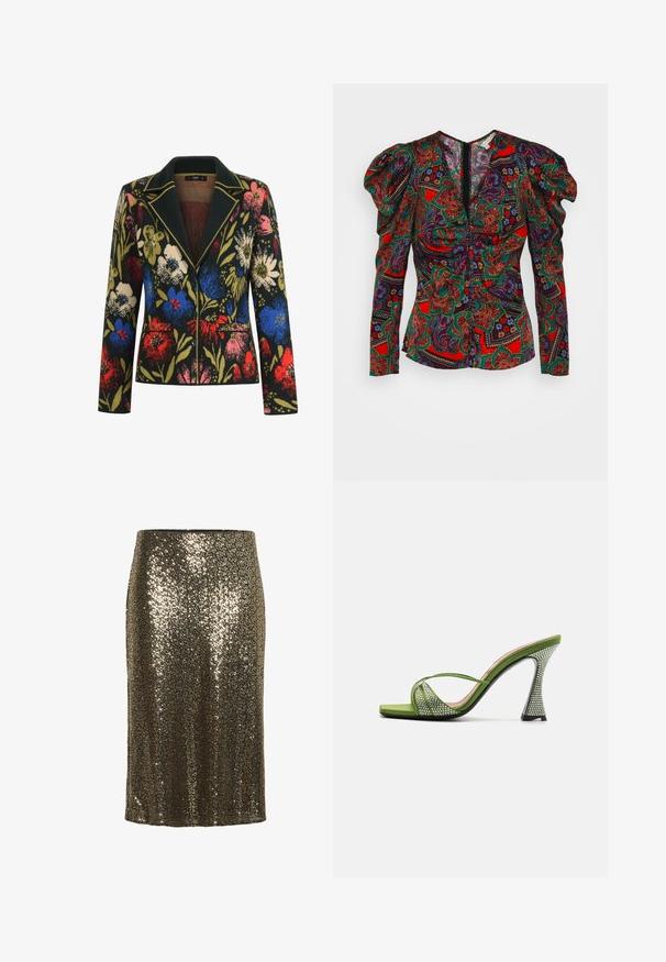 Blazer floral avec un fond noir, ornée de fleurs colorées en rouge, bleu, rose et vert, avec un col contrastant et deux poches avant.; Veronica Beard SIMMONS - Blouse - flame red multi; Jupe crayon en sequins dans des nuances d'or et de bronze, silhouette ajustée, doublure lisse, longueur genou, avec des détails réfléchissants scintillants.; Sandale ouverte en satin vert avec des sangles croisées, ornée de strass. Elle présente un talon haut et architectural avec une finition texturée.