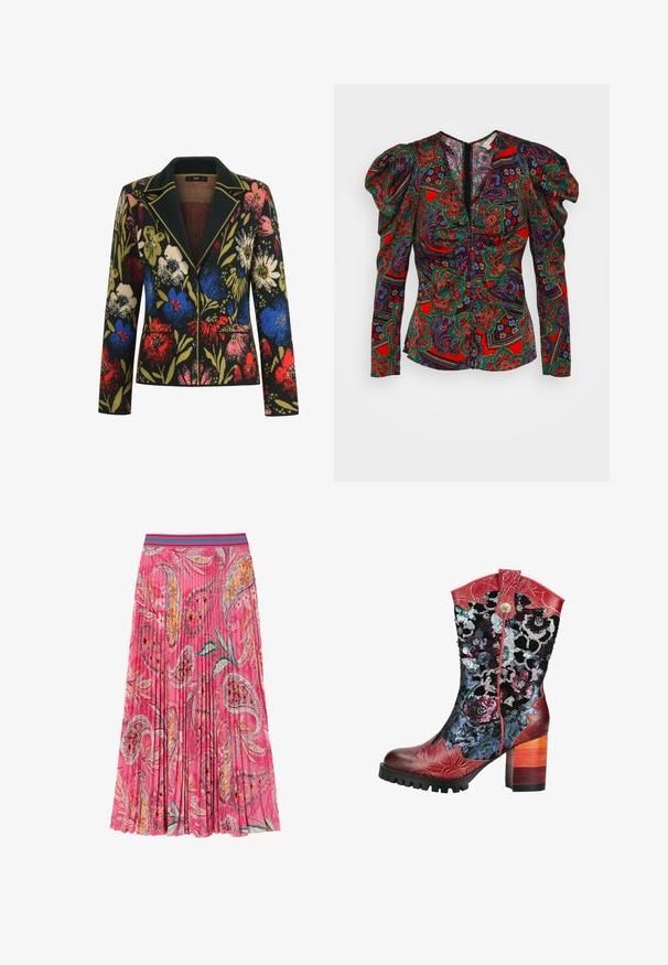 Blazer med blomstermotiv på sort baggrund, prydet med farverige blomster i rød, blå, pink og grøn, kontrasterende krave og to forlommer.; Veronica Beard SIMMONS - Bluse - flame red multi; Lyserød plisseret nederdel med blomster- og paisleymønstre, med en kontrasterende turkise stribet talje. Lavet af letvægtsstof.; Mid-kalv støvle med hæl med røde læderaccents, farverige blomster paliet mønstre og en lagdelt træblok hæl.
