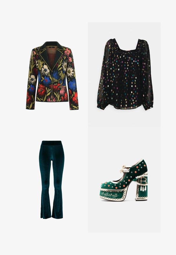 Blazer med blomstermotiv på sort baggrund, prydet med farverige blomster i rød, blå, pink og grøn, kontrasterende krave og to forlommer.; kate spade new york METALLIC CANDY DOTS SQUARE NECK TOP - Bluse - multi; Petrolblå vide bukser lavet af blødt fløjlstof, med høj talje og glat tekstur, der indsnævres mod kanten med små åbninger.; Grøn fløjlsplatformsko med dekorative røde og sølvnitter, perleseler, guldkant, broderi og en blokhæl med dinglende perler og en "B"-vedhæng.