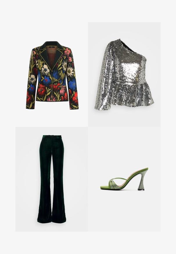 Blazer floral con fondo negro, con flores coloridas en rojo, azul, rosa y verde, cuello contrastante y dos bolsillos frontales.; Sofie Schnoor Top - silver-coloured; Heathe ARIYO SUIT TROUSERS - Pantalones - green; Sandalia abierta de satén verde con tiras entrecruzadas, adornada con strass. Presenta un tacón alto y arquitectónico con un acabado texturizado.