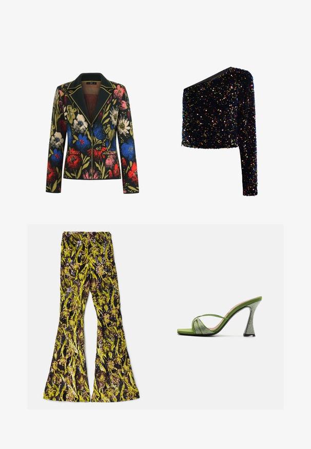 Blumenblazer mit schwarzem Hintergrund, der bunte Blumen in Rot, Blau, Pink und Grün zeigt, kontrastierender Kragen und zwei Fronttaschen.; Schwarzes, einärmeliges, kurzes Oberteil bedeckt mit mehrfarbigen, glänzenden Pailletten mit figurbetonter Silhouette.; AKNVAS EXCLUSIVE LENNON BEADED PANT - Stoffhose - ink citrine; Grüne Satin-Sandale mit offener Zehenpartie und gekreuzten Riemen, verziert mit Strasssteinen. Verfügt über einen hohen, architektonischen Absatz mit strukturiertem Finish.