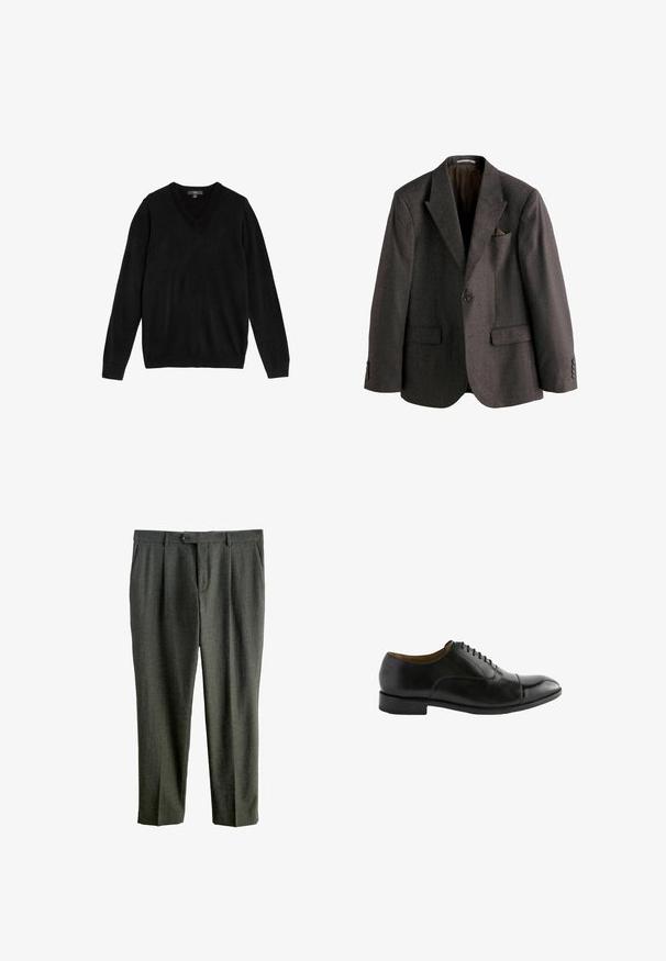 Dunkelgrauer Herrenblazer mit Revers, einem Ein-Knopf-Verschluss, Klappentaschen und einem Taschentuch in der Brusttasche.; Schwarzer V-Ausschnitt-Pullover aus weichem, gestricktem Stoff. Lange Ärmel, gerippte Bündchen und Saum, schlichtes Design ohne Muster oder Akzente.; Graue Wollhose mit strukturiertem Finish, ausgestattet mit einem Knopfverschluss, Falten an der Vorderseite und geradem Bein.; Schwarze Lederschuhe mit abgerundetem Zehenbereich, glatter Oberfläche und Schnürdesign. Verfügt über einen niedrigen Absatz und dezente Stickdetails.