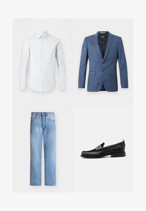 Blazer bleu ajusté avec deux boutons, revers crantés et poches à rabat. La doublure intérieure présente un motif subtil. Coupe structurée avec une texture lisse.; Chemise homme bleu clair à manches longues boutonnée avec col pointu et motif texturé subtil sur fond blanc.; Jean droit en denim bleu clair avec fermeture par bouton et zip, poches avant et arrière, et passants de ceinture à la taille.; Mocassin en cuir noir avec détail de bride grise, talon bas et semelle texturée, marqué "HUGO" en or sur le côté.