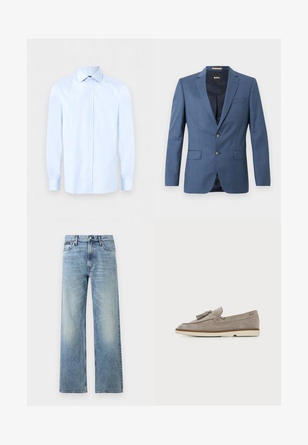 Blazer bleu ajusté avec deux boutons, revers crantés et poches à rabat. La doublure intérieure présente un motif subtil. Coupe structurée avec une texture lisse.; Chemise habillée homme bleu clair à manches longues avec col pointu et boutons blancs sur le devant, sur un fond uni.; Jean droit en denim bleu clair avec taille haute, cinq poches, fermeture à boutons et léger délavage sur les cuisses et les genoux.; Mocassin homme en daim marron clair avec détail pompon et semelle en caoutchouc crème, vue de côté sur fond uni.