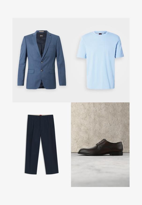 Blazer bleu ajusté avec deux boutons, revers crantés et poches à rabat. La doublure intérieure présente un motif subtil. Coupe structurée avec une texture lisse.; T-shirt bleu clair à manches courtes et col rond avec un logo discret embossé centré sur la poitrine et une étiquette noire à l'intérieur du col.; Pantalon large bleu marine foncé avec passants pour ceinture, fermeture à bouton et zip à l'avant, et poches latérales, présenté sur fond blanc.; Chaussure habillée en cuir marron avec un bout arrondi, des coutures minimales et une finition lisse. Elle présente un faible talon et un design de laçage simple.