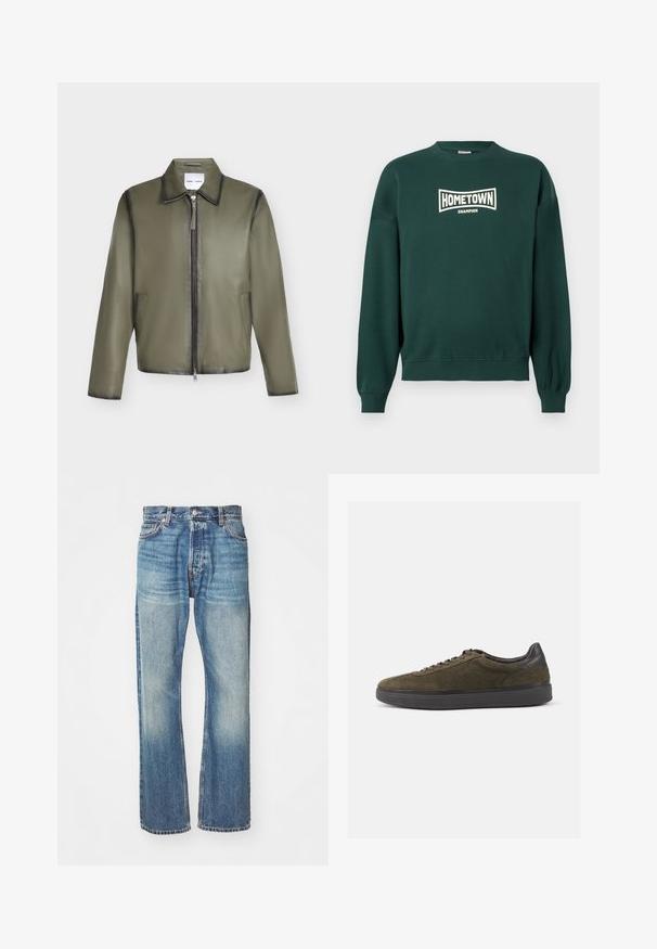 Chaqueta de cuero verde oliva con mangas largas, cierre frontal con cremallera, dos bolsillos laterales y cuello clásico.; Sudadera de cuello redondo de color verde oscuro con el texto "CAMPEÓN DE LA CIUDAD" impreso en blanco en el pecho, con puños y dobladillo acanalados.; Jeans de mezclilla azul claro con un diseño clásico de pierna recta, acabado desgastado y costuras visibles en toda su extensión. Presenta bolsillos frontales y trabillas para cinturón.; Zapatillas de ante verde oliva con detalles y cordones de cuero negro, que presentan una superficie texturizada y una gruesa suela de goma negra.