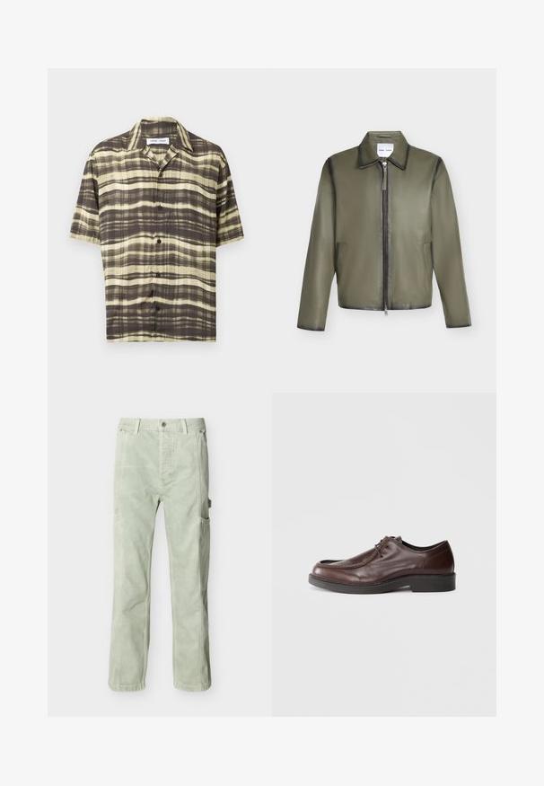 Veste en cuir vert olive avec manches longues, fermeture éclair frontale, deux poches latérales et col classique.; Chemise pour homme à manches courtes, boutonnée, avec un motif à carreaux rayé horizontal marron et beige, col ouvert, sur fond uni.; Pantalon cargo vert clair au tissu doux, avec poches latérales et coupe décontractée. Fermeture par boutons et passants pour ceinture à la taille.; Chaussure habillée en cuir marron avec un bout arrondi, des accents de couture minimum, et une semelle noire robuste. Présente un système de laçage et une texture lisse.