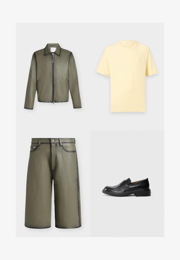Veste en cuir vert olive avec manches longues, fermeture éclair frontale, deux poches latérales et col classique.; T-shirt jaune pâle à manches courtes et col rond avec une coupe décontractée sur un fond clair uni.; Shorts en cuir vert olive longueur genou avec coutures noires, passants pour ceinture, poches avant et fermeture par bouton à la taille.; Chaussure habillée noire en cuir, à enfiler, avec un petit talon et un logo Calvin Klein discret sur le côté, présentée de profil sur un fond blanc.