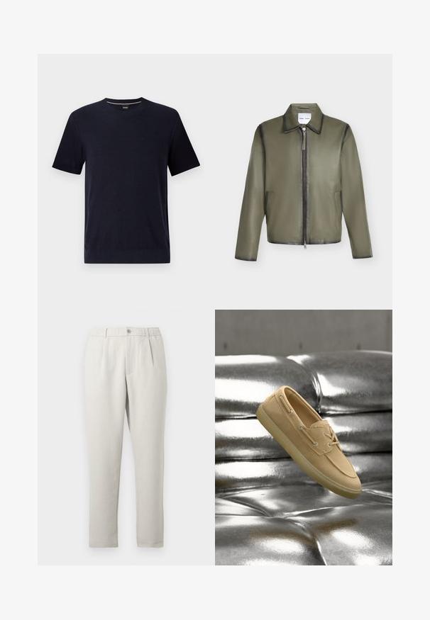 Olivgrüne Lederjacke mit langen Ärmeln, Frontreißverschluss, zwei Seitentaschen und klassischem Kragen.; Navy kurzes T-Shirt mit Rundhalsausschnitt aus strukturiertem Strickstoff und gerippten Bündchen. Dezetes Markenetikett am Hals. Minimalistisches Design.; Hellbeige, lässige Hose mit leichtem Glanz, ausgestattet mit elastischem Bund, vorderen Taschen und einem schmal zulaufenden Bein.; Beiger Wildleder-Bootsschuh mit Schnürdetails, der über einer glänzenden, metallisch silbernen, gesteppten Lederoberfläche schwebt.