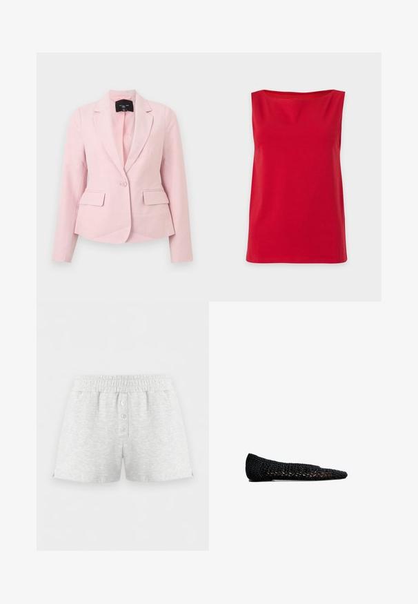 Hellrosa Damenblazer mit Ein-Knopf-Verschluss, Reverskragen, langen Ärmeln und zwei aufgesetzten Taschen vorne.; Ärmelloses, leuchtend rotes Oberteil mit geradem Schnitt und hohem Ausschnitt, präsentiert vor einem schlichten, hellen Hintergrund.; Hellgraue Baumwollshorts mit elastischem Bund und drei weißen Knöpfen in der vorderen Mitte, dargestellt vor weißem Hintergrund.; Schwarze gehäkelte Ballerinas mit spitzer Zehe, ausgestattet mit einer geflochtenen Textur und einer dezenten Innenauskleidung, die für Komfort und Atmungsaktivität sorgt.