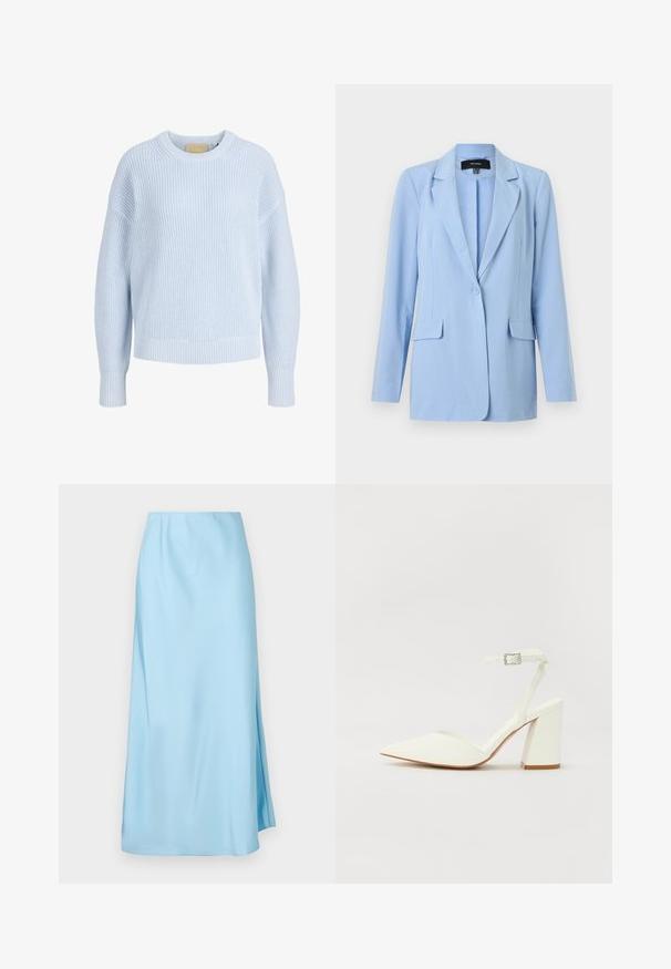 Blazer bleu clair à un bouton avec revers crantés, manches longues et deux poches à rabat à l'avant.; Pull ras du cou en tricot bleu clair, manches longues avec poignets et ourlet côtelés, présenté sur un fond blanc.; Jupe midi bleu clair avec une texture lisse, dotée d'une légère fente latérale et d'une ceinture élastique pour le confort et la facilité de port.; Sandale blanche à talon avec un bout pointu, sangle de cheville réglable et un talon carré épais. Texture lisse avec des détails de couture minimaux.