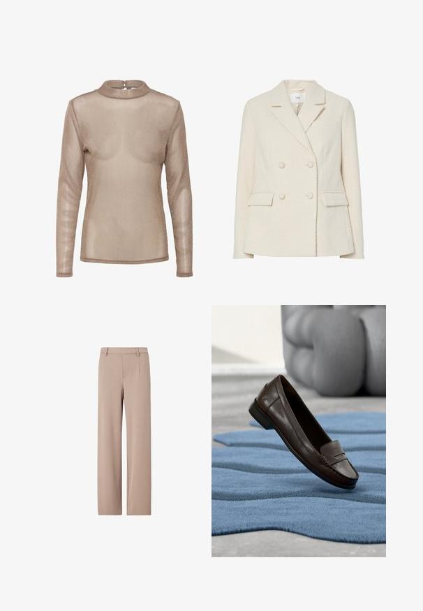 Blazer beige croisé en tissu texturé, avec revers en encoche, deux poches avant et détails de boutons dorés.; Haut à manches longues et transparent de couleur marron clair avec un léger effet brillant. Il présente un col haut et une fermeture à boutons au dos. Texture douce et légère.; Pantalon beige taille haute à jambes larges, avec passants de ceinture, plis devant et fermeture avant dissimulée.; Mocassin en cuir marron foncé posé sur un tapis texturé bleu ondulé, avec un canapé gris doux flou en arrière-plan.