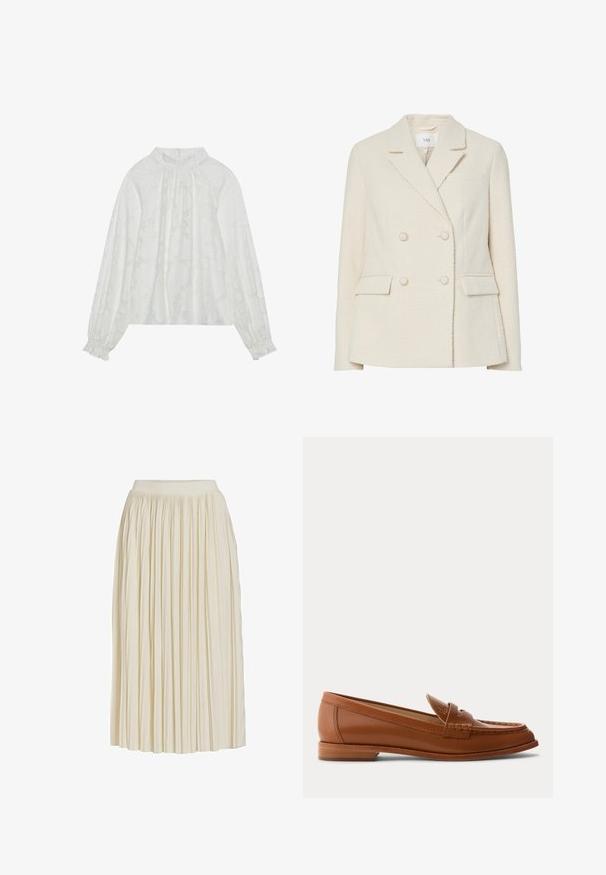Blazer beige croisé en tissu texturé, avec revers en encoche, deux poches avant et détails de boutons dorés.; Blouse blanche à manches longues, avec un motif floral texturé, un décolleté froncé et des poignets élastiques. Tissu doux et léger.; Jupe midi couleur crème avec des plis verticaux étroits et une taille ajustée, présentée sur un fond blanc uni.; Mocassin en cuir marron avec petit talon en bois, bride classique pour pièce et détails cousus le long de la pointe et des côtés.